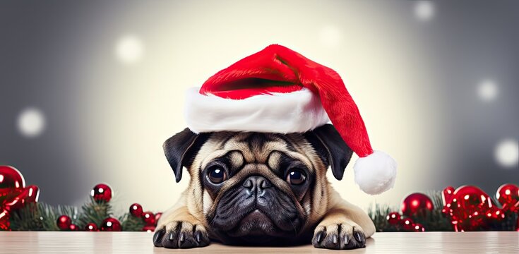 Cute pug dog breed wearing in santa hat created with Generative AI technology