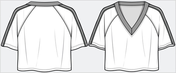 RAGLAN SLEEVES TAPING DETAIL V NECK CROP TOP ATHLEISURE PERFORMANCE KNIT TOP DESIGN FOR WOMEN AND GIRLS IN VECTOR FILE