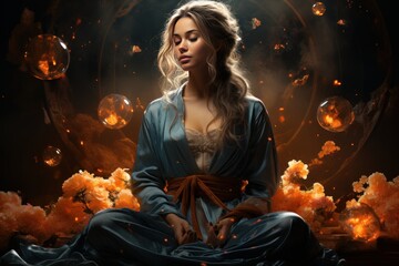Illustration of a woman surrounded by mystical fire and psychic waves in a spiritual trance.