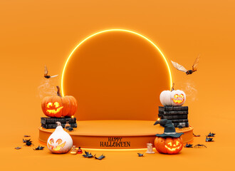 Halloween mockup empty display decorated with carved pumpkins and holiday decoration on orange...