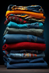 Stack of clothing jeans and sweaters - 632298182