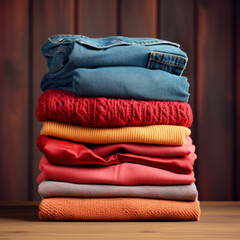 Stack of clothing jeans and sweaters
