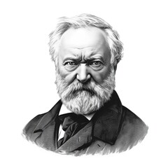 A black and white vintage engraving of Victor Hugo, facing the camera with a white background - Generative AI