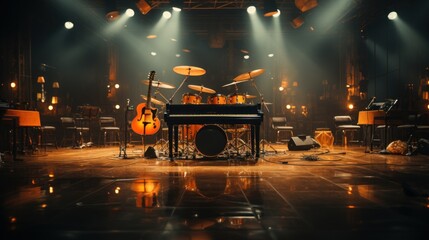 A stage set up indoors for the band to perform. Variety shows, no people, stage lighting, exquisite, no cars, Center the composition, octane render - obrazy, fototapety, plakaty