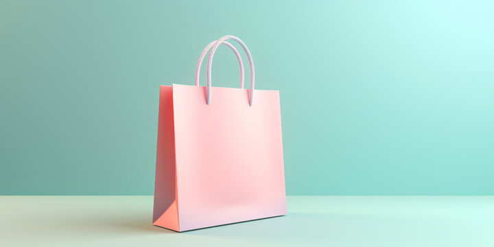 Paper shopping bag on pastel background copy space. 3D render