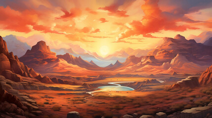 Naklejka premium A painting of a colorful mountain range at sunrise, balance and harmony, earthy color palettes, ultra detailed. Large canvas painting.Orange landscape wall art. Created using generative AI