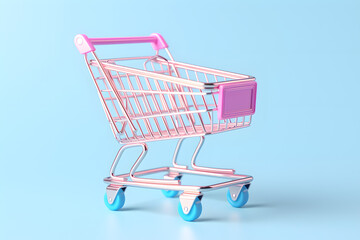 3d illustration of shopping cart isolated on  light sky-blue background