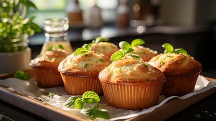 A realistic image of zucchini muffins. In a white marble kitchen. Light and bright, depth of field, F/ 2. 8, cinematic lighting, extremely high resolution photo, 8k, super detailed.