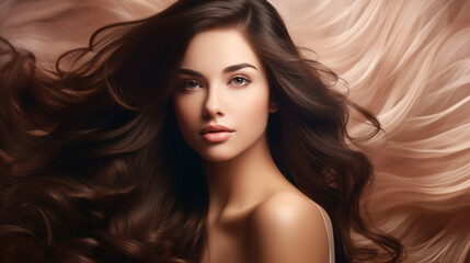 Fototapeta premium Portrait of a beautiful brunette woman with long wavy hair. Copy space banner