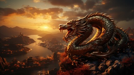 A Luxurious Gold tones Chinese dragon encircles the Great Wall of China with its long body Crazy and stunning 8K picture