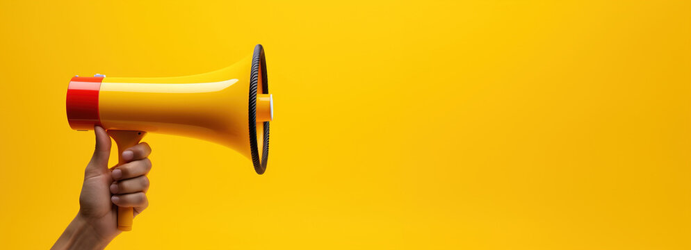 Generative AI, megaphone in hand on a empty yellow background, panoramic image with copy space