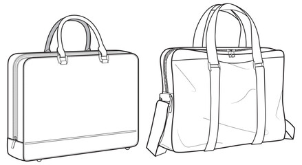 Set of business Briefcase bag flat sketch fashion illustration drawing template mock up, Lockable Silver Aluminum hard shell Holdall briefcase bag cad drawing. work briefcase bag flat sketch vector