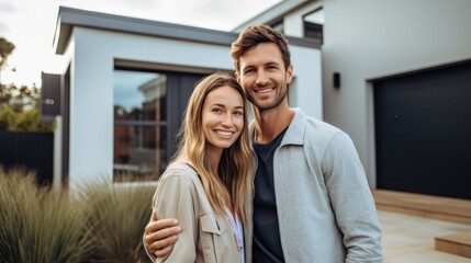 Happy young couple standing in front of new home. Husband and wife buying new house. Generative AI