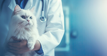 Vet holding a cat on hands, copy space