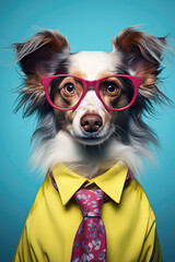Portrait of a cute dog going to school. A pet, puppy educate and learn like a schoolboy. A business dog, dressed as a man.