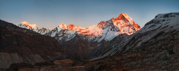 Sunset Panoramic view of Machapuchare from Annapurna Base Camp, Nepal