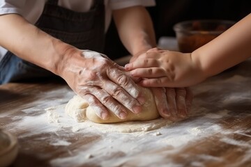 Making Bread Dough with Children, Cooking Bakery Together, Abstract Generative AI Illustration