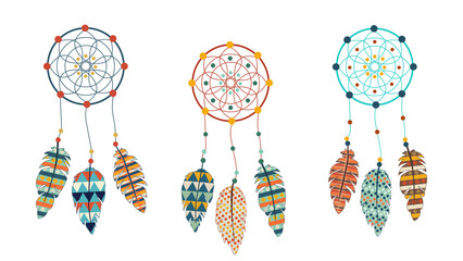 Native American Indian Dream Catchers set. Mandala and feathers. Indian culture. Ethnic spiritual talisman. Spiritualism. Flat boho style. Hipster hippie design print. Vector isolated © Jafree