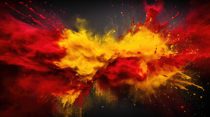 Fototapeta Red and yellow colored powder explosions on black background. Holi paint powder splash in colors of Spanish flag obraz