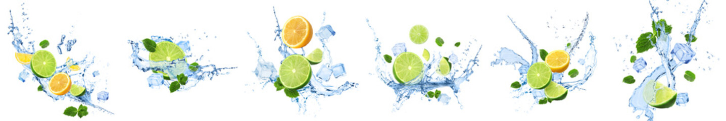 Set of flying juicy citrus fruits with cold ice, mint and splashing fresh water on white background