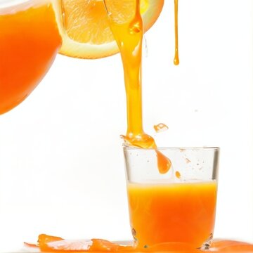 An orange pouring orange juice on a glass of orange juice commercial displays High-quality isolated in a white background.