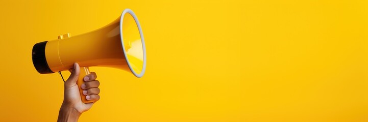 Generative AI, megaphone in hand on a empty yellow background, panoramic image with copy space