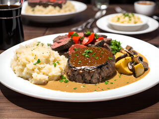 Steak, mushrooms and creamy mashed potatoes