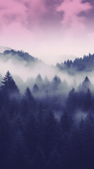Aesthetic gradient pink foggy silhouette forest landscape phone hd wallpaper ai generated
