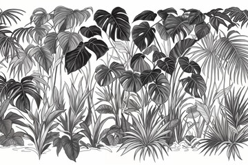 Jungle illustration in grayscale. Painted beautiful tropical forest with exotic plants, palm trees, big leaves and ferns. Thicket of the rainforest. Nature drawing. Generative AI