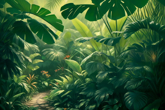 Jungle illustration on a sunny day. Beautiful tropical forest with exotic plants, flowers, palm trees, big leaves and ferns. Thicket of the rainforest. Brightly lit green vegetation. Generative AI