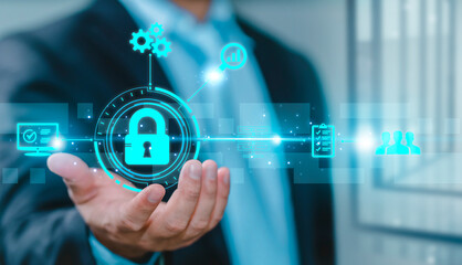 Cyber security Data Protection Information privacy. businessman using internet network security, protect business financial transaction data from cyber attack, user private data security encryption..