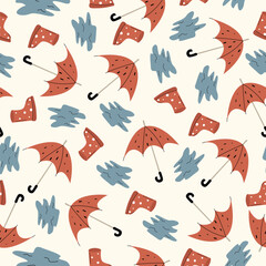 Autumn seamless pattern with puddles, umbrellas and rubber polka dot boots