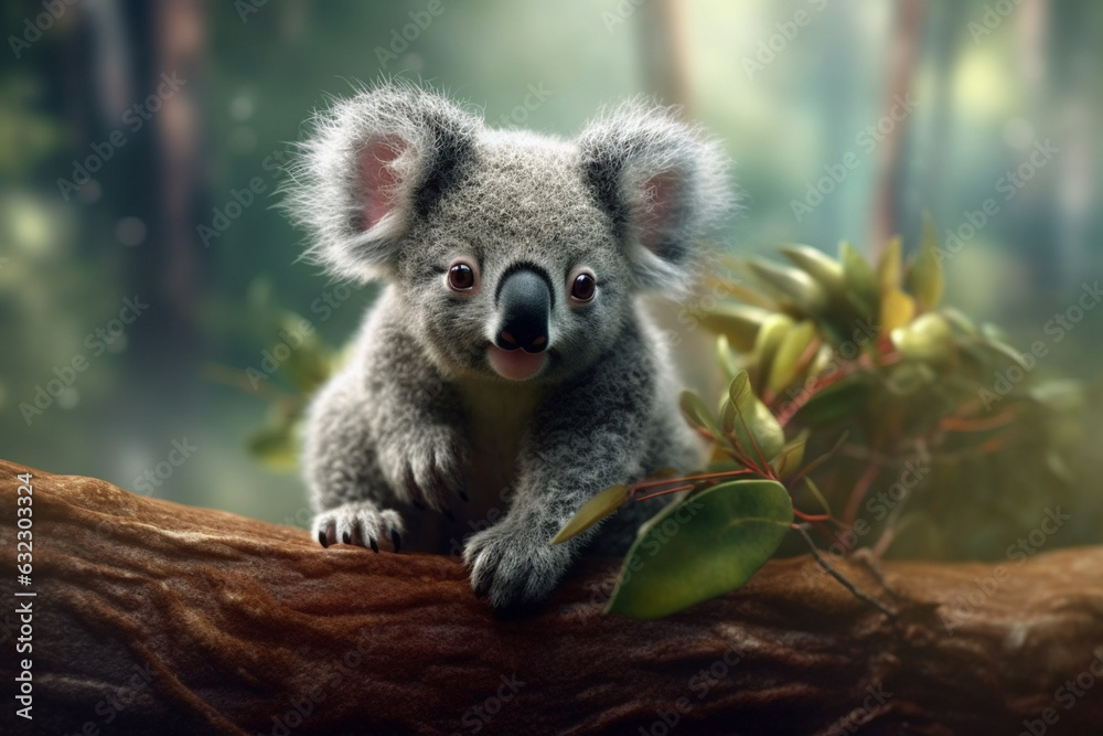 Poster a cute and cuddly koala perched on a tree branch, capturing its fluffy fur and laid-back nature. gen