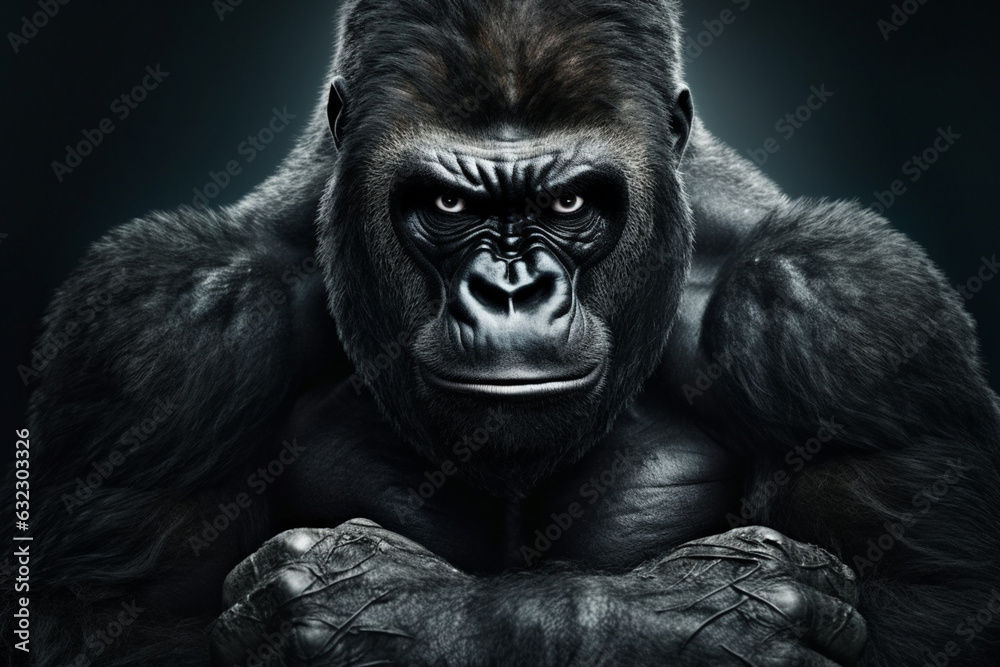 Poster a powerful photograph of a gorilla, portraying its muscular build and intelligent expression. genera
