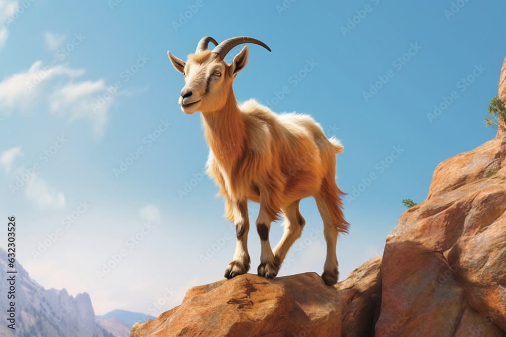 Poster a playful photograph of a goat perched on a rocky ledge, showcasing its agility and curious nature. 