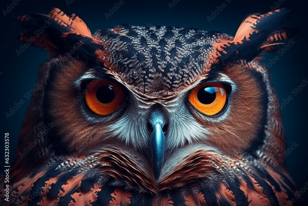 Poster  A mesmerizing photograph of an owl, showcasing its wise and enigmatic expression.  Generative AI technology.