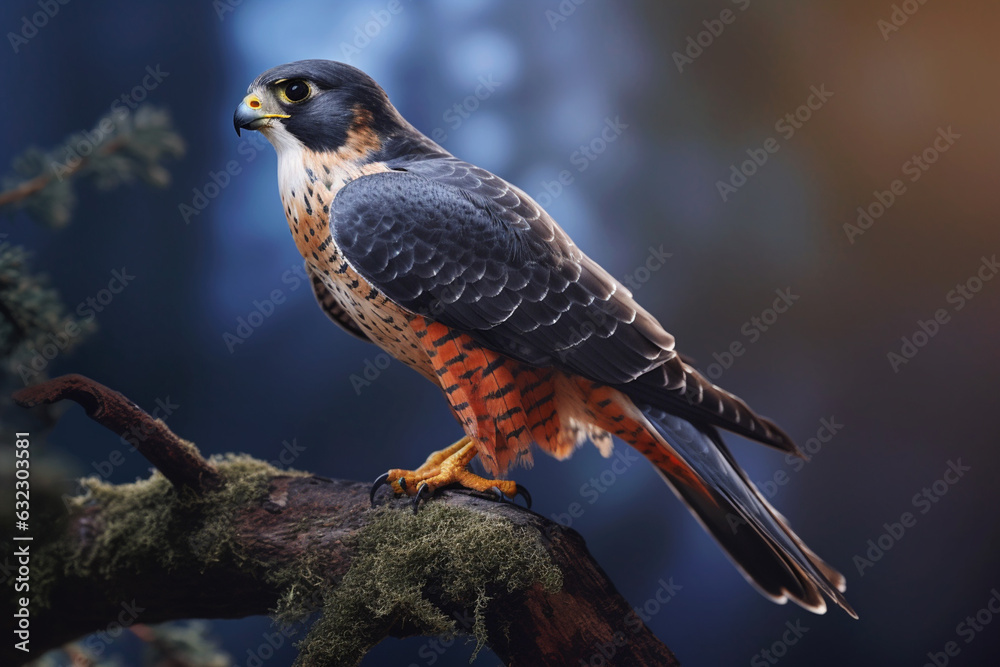 Poster  A dynamic photograph of a falcon perched on a branch, showcasing its streamlined body and keen hunting instincts.  Generative AI technology.