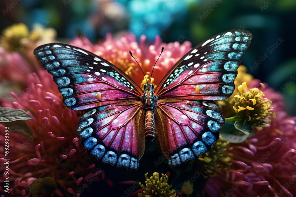 Poster a delicate and colorful photograph of a butterfly perched on a flower, capturing its intricate wing 