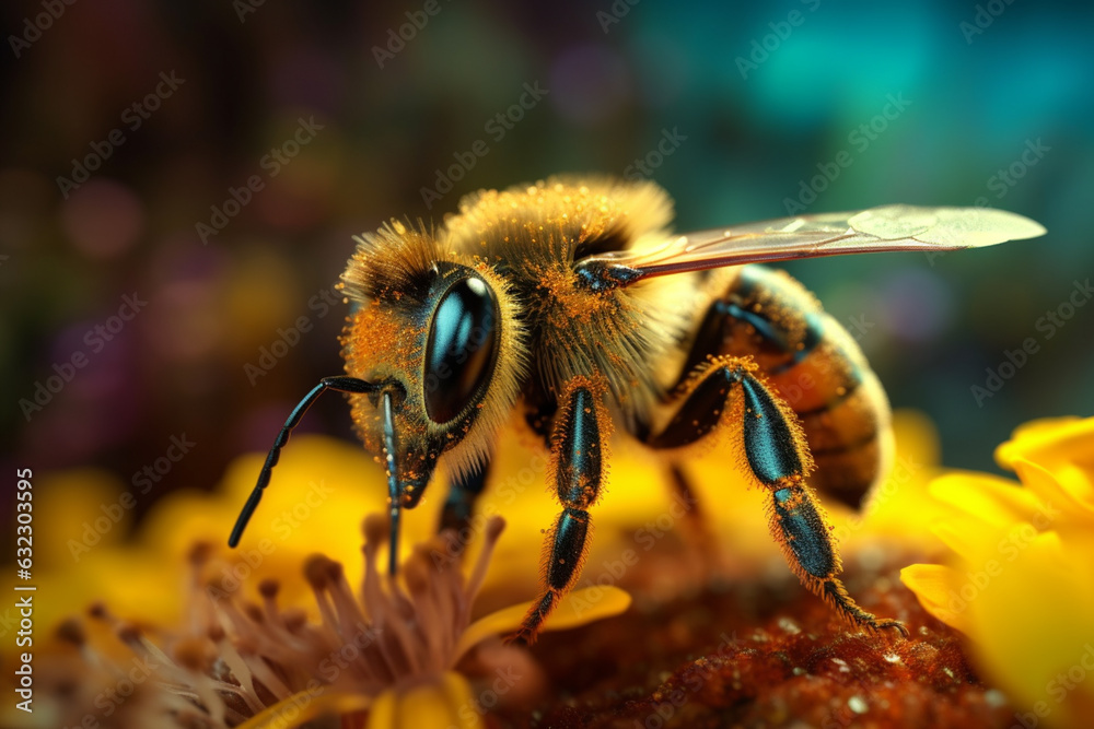 Aufkleber a close-up shot of a bee collecting nectar, showcasing its fuzzy body and busy nature. generative ai