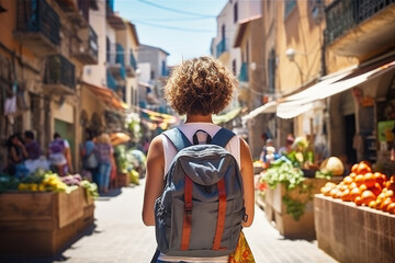 Fototapeta Traveler girl in street of old town in Spain. Young backpacker tourist in solo travel. Vacation, holiday, trip obraz
