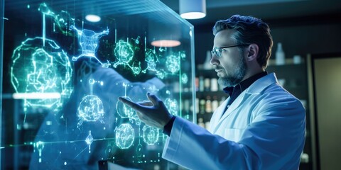 A medical researcher or doctor in a laboratory uses a hologram display for research purposes. Generative AI.