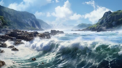  a painting of a rocky coastline with a wave crashing against the rocks.  generative ai