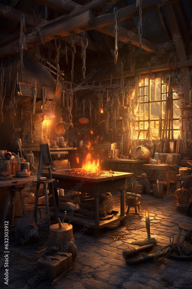 Fototapete an image of a traditional blacksmith workshop with various tools and equipment neatly arranged, show