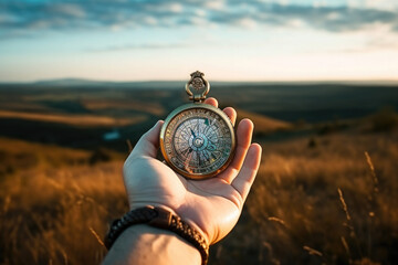 Beautiful landscape with old compass on traveler's hand. The concept of navigating the search for your own path. AI generated - obrazy, fototapety, plakaty