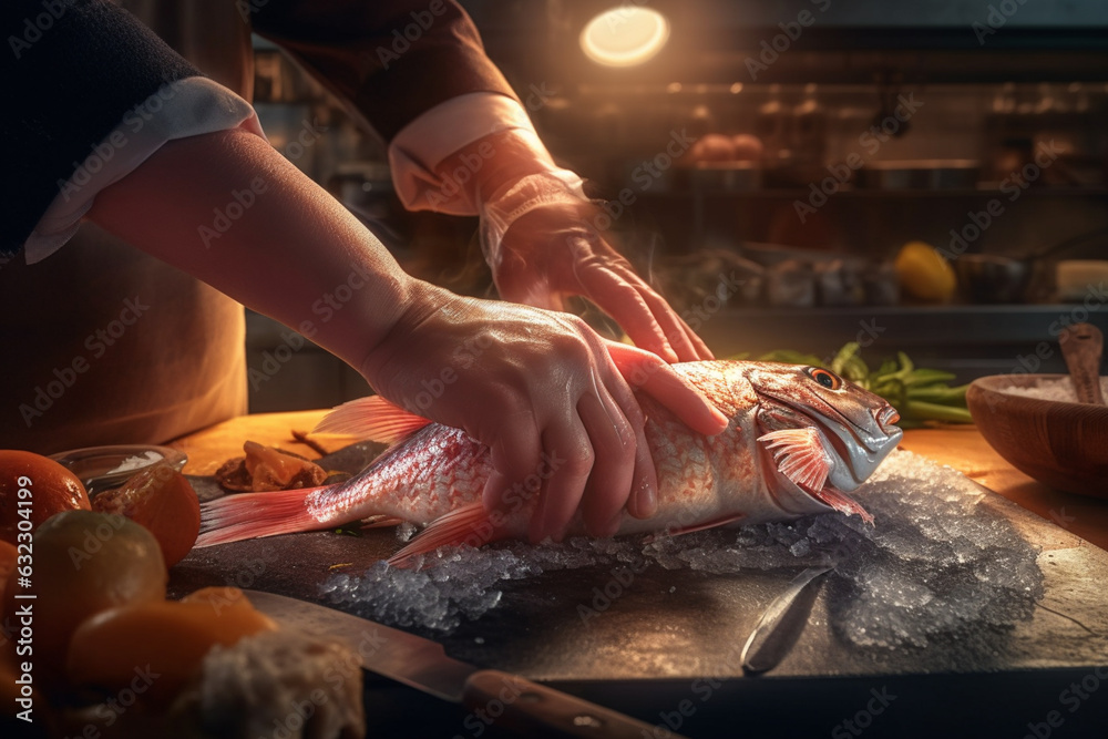 Aufkleber  An image of a butcher's hands skillfully deboning a fish, illustrating the expertise and versatility of a professional butcher in handling seafood.  Generative AI technology.