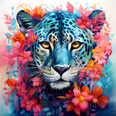 Leopard among colorful flowers blossom  watercolor illustrations