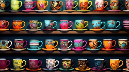  a shelf filled with lots of different colored coffee mugs.  generative ai