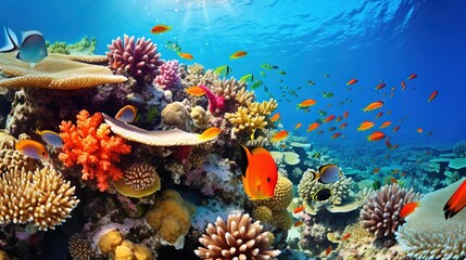 Naklejka na ściany i meble a coral reef with many different types of corals and fish. generative ai