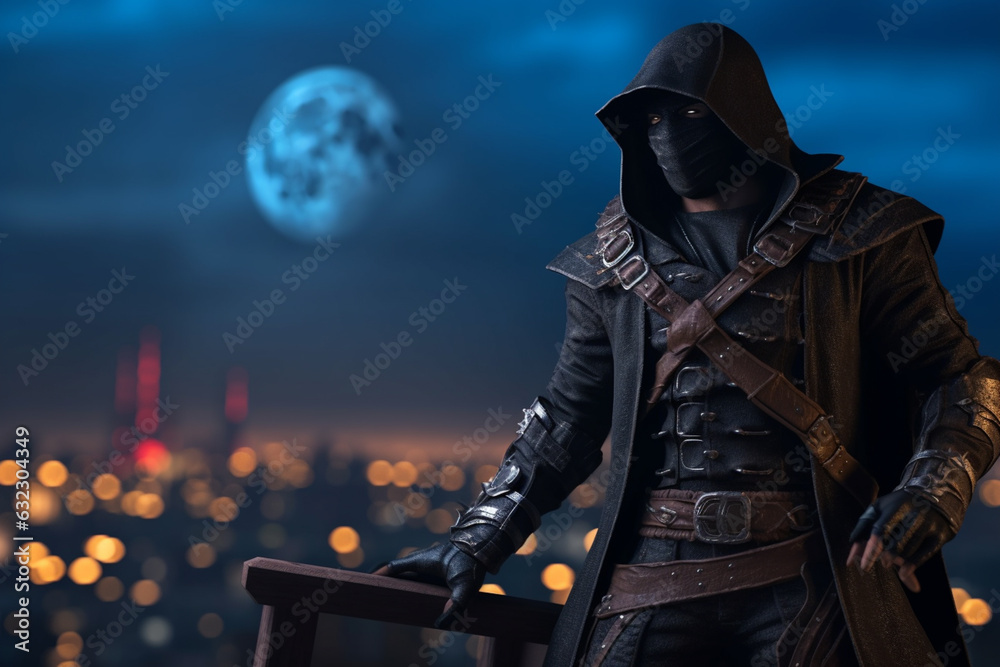 Aufkleber an image of a bandit with a black mask and a long coat, standing on a rooftop with the moon in the b