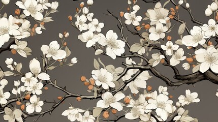  a painting of a tree with white flowers on a gray background.  generative ai